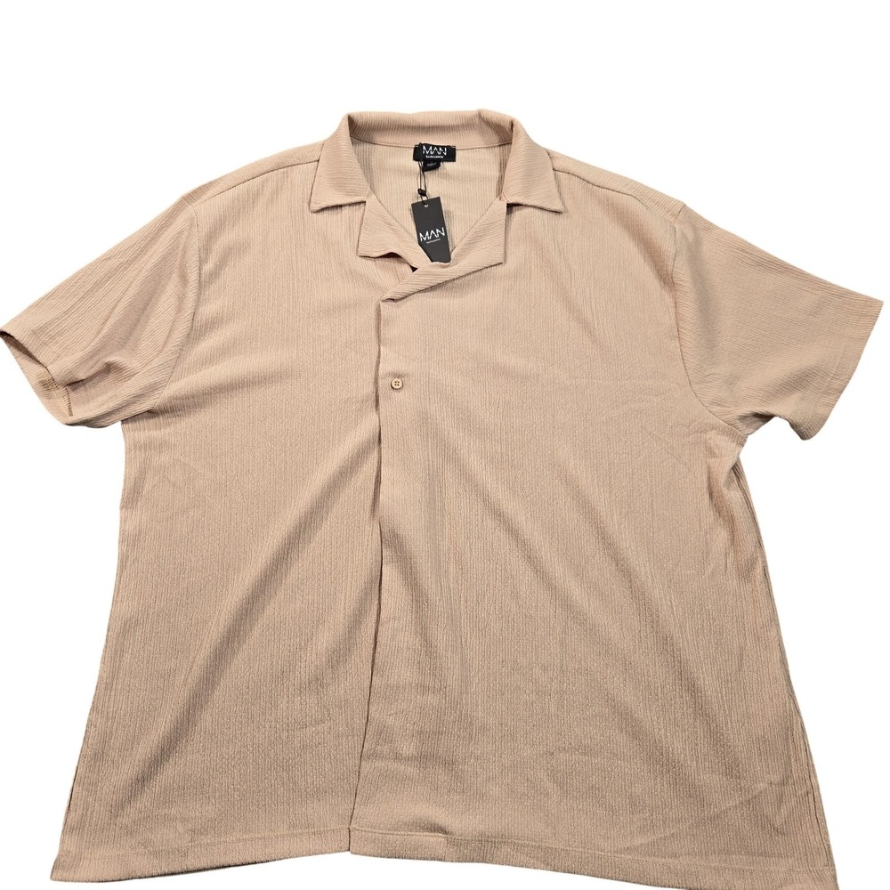 BoohooMAN Shirt Mens Large Beige Stretch Knit Short Sleeve Button Up Casual